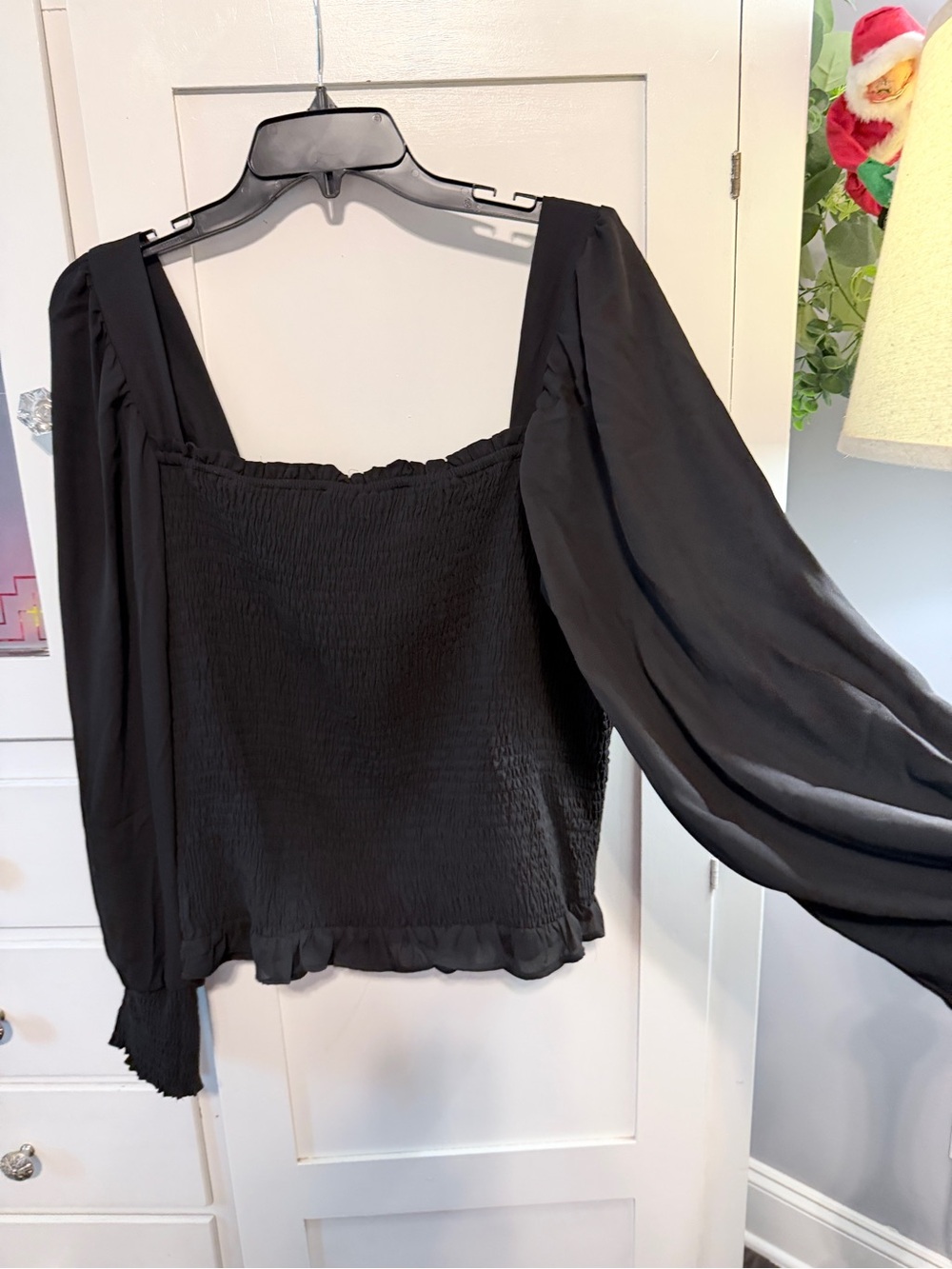 Smocked Square-Neck Blouse with Sheer Long Puff Sleeves - Black